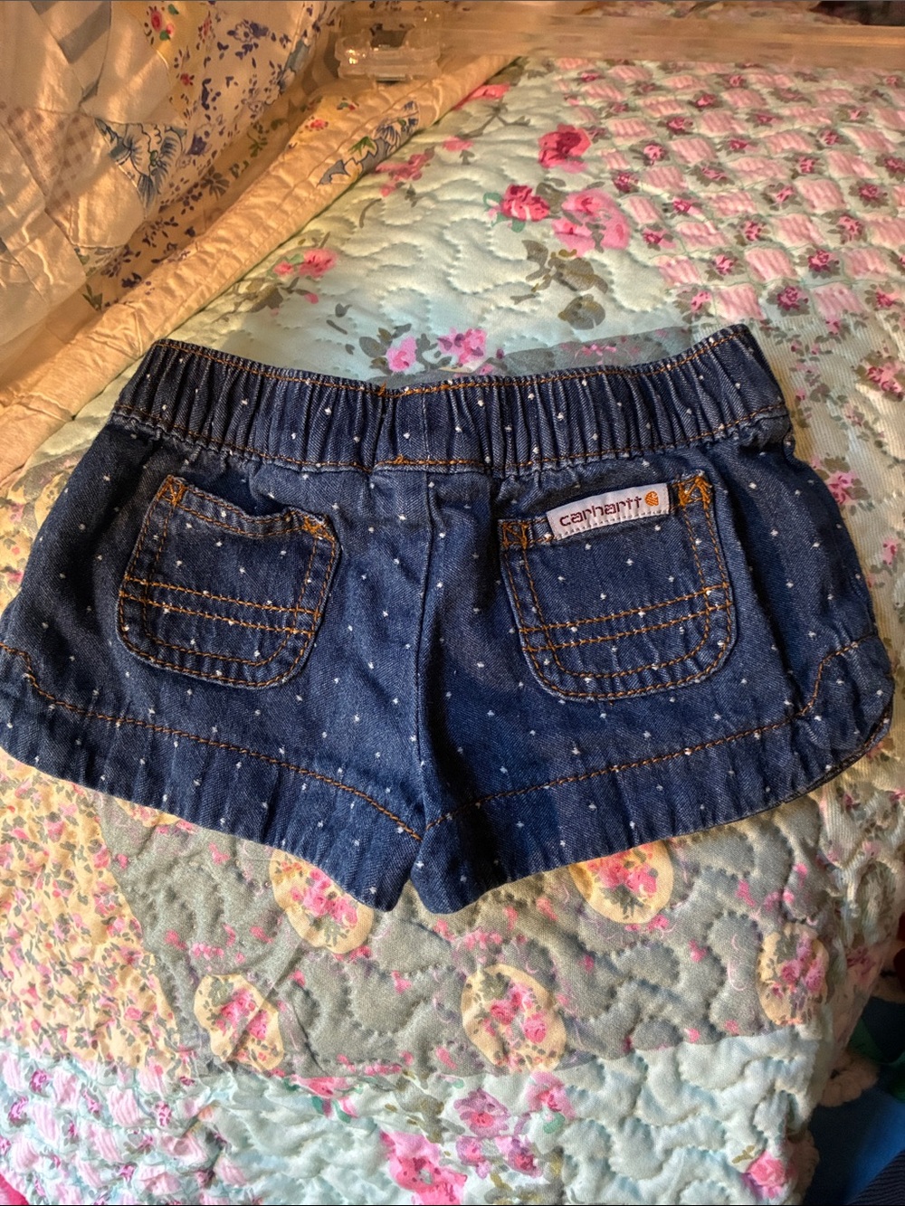 Carhartt Dark Blue Denim Girls' Shorts with White Dot Print 6mos NWOT